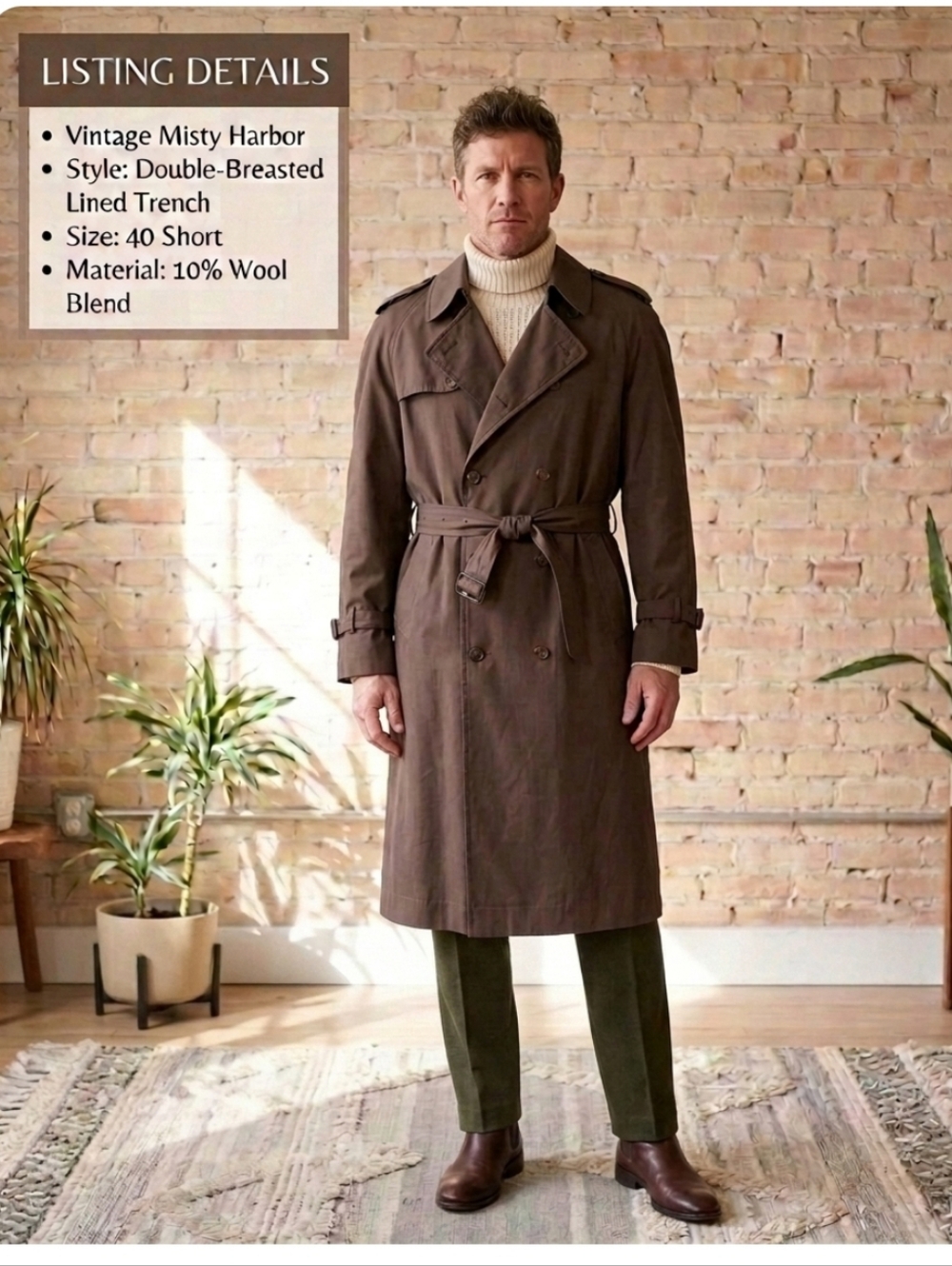 Vintage 1980s Misty Harbor Double Breasted Wool Blend Trench Coat Brown 40S